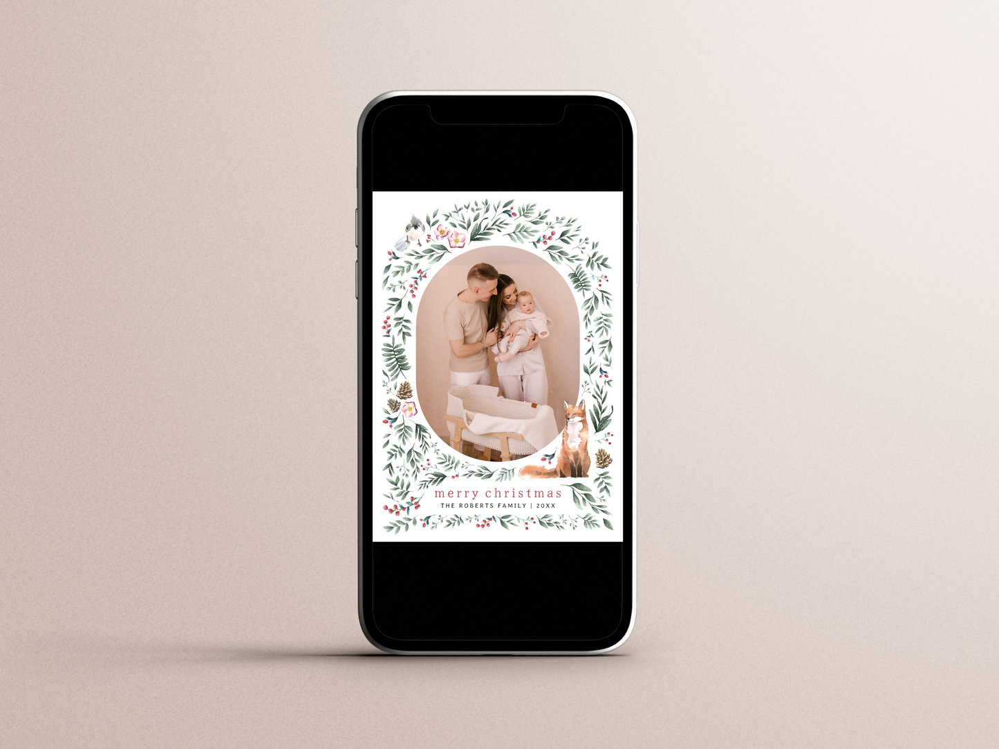 Watercolor Greenery Woodland Arch Christmas Photo Card