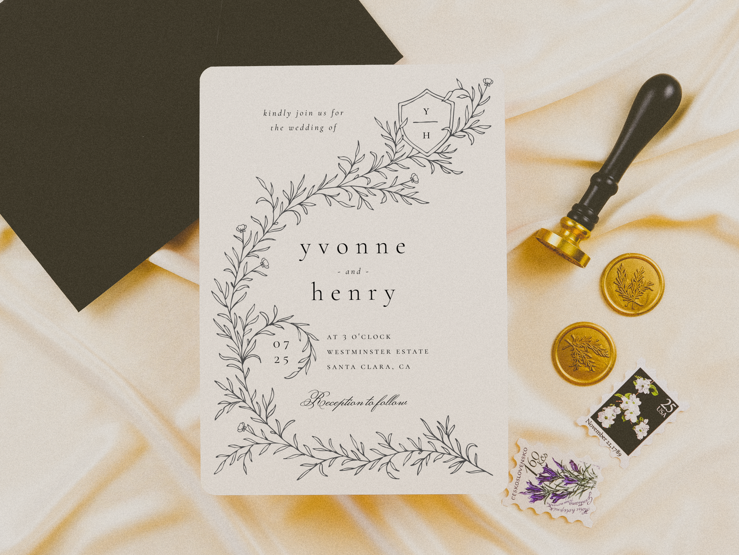 Illustrated Wedding Crest Botanical Wedding Invitation Suite