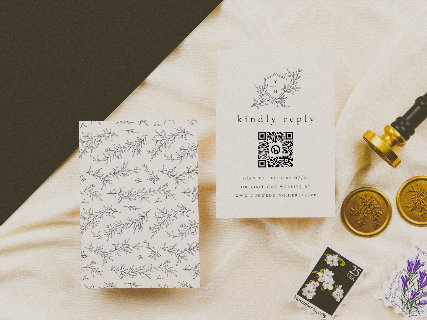 Illustrated Wedding Crest Botanical Wedding Invitation Suite