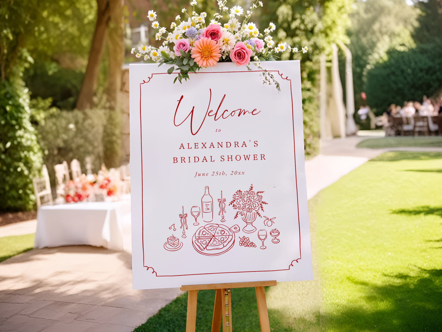 Whimsical Hand Drawn Pizza & Wine Bridal Shower Invitation Bundle