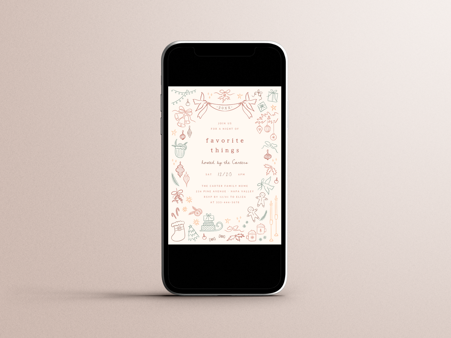 Whimsical Doodle Favorite Things Christmas Party Invitation