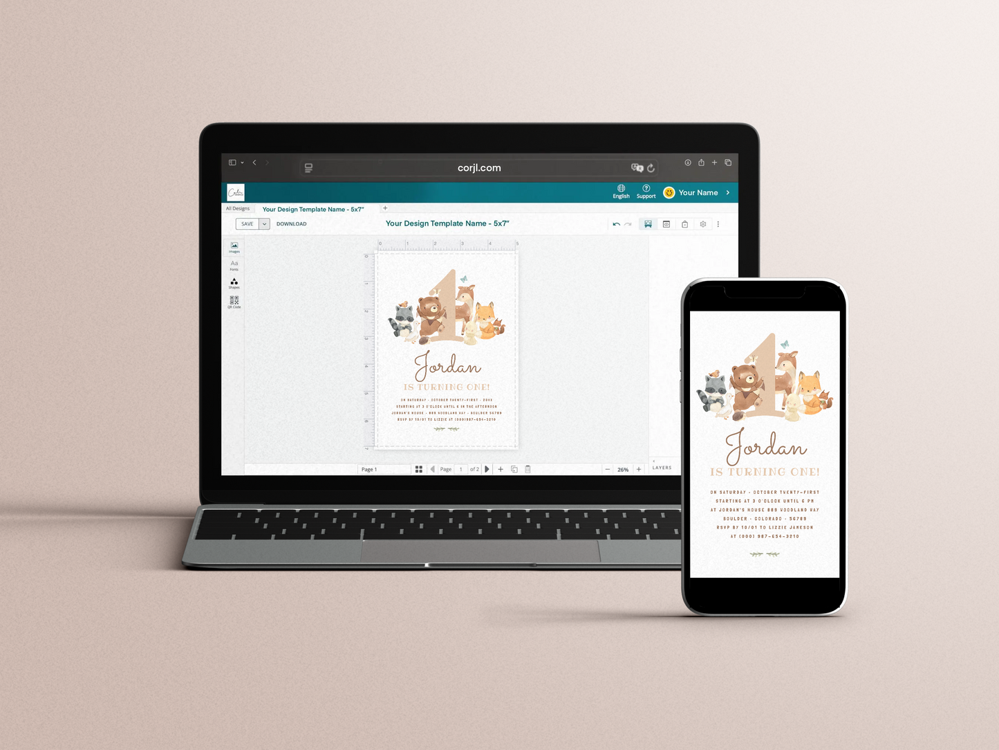 Woodland Animals First Birthday Party Invitation