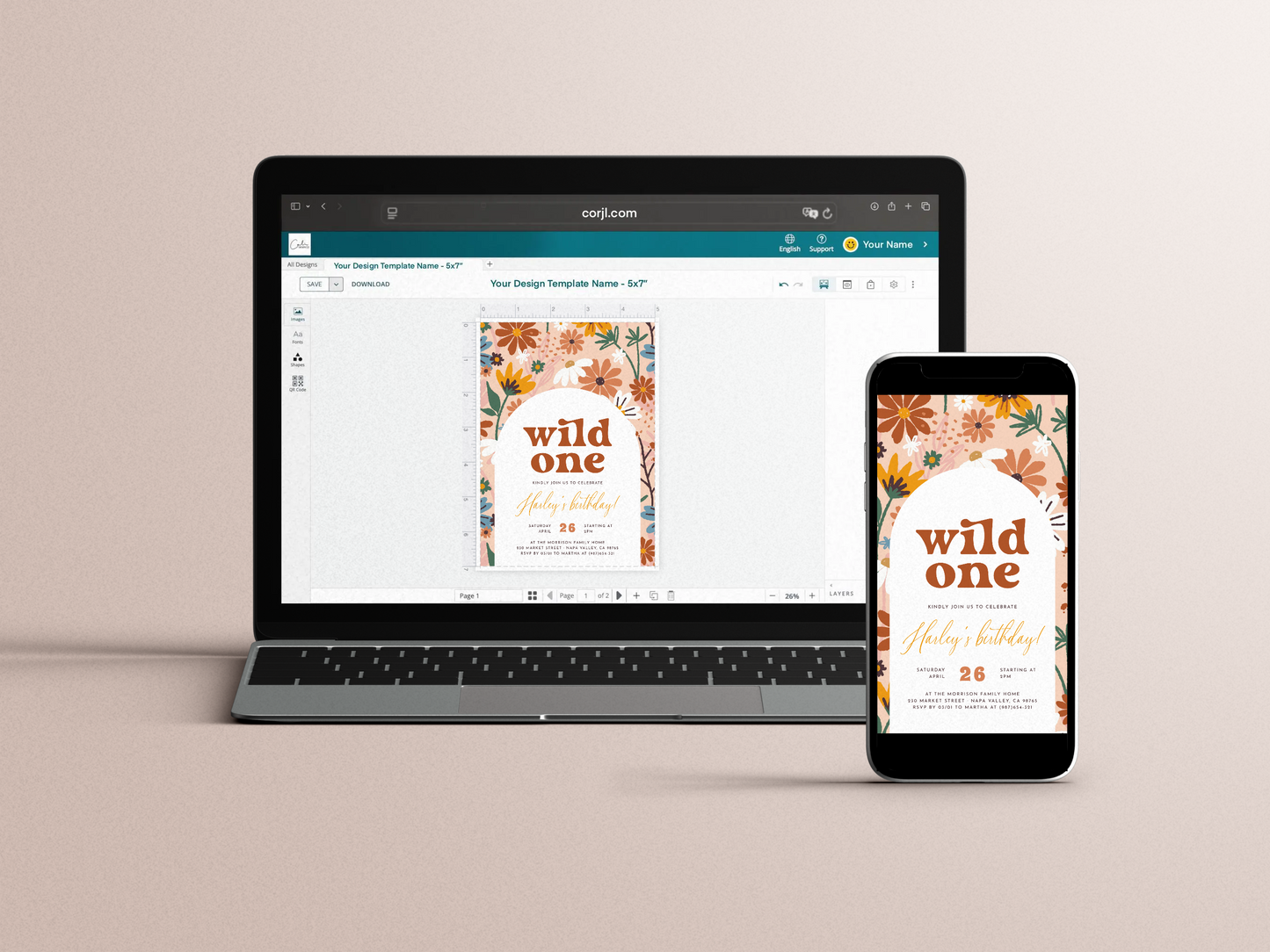 Wild One Retro Wildflower 1st Birthday Party Invitation Bundle