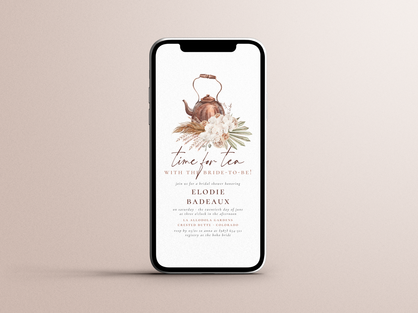 Time For Tea Boho Pampas Bridal Shower Invitation Bundle