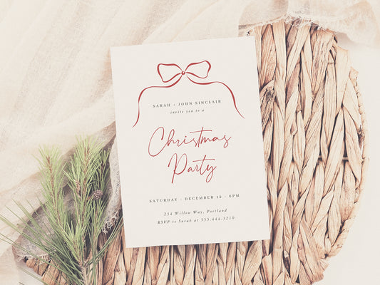 Elegant Minimalist Bow Christmas Holiday Party Invitation