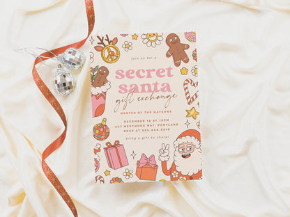 Groovy Secret Santa Exchange Retro Christmas Party Invitation