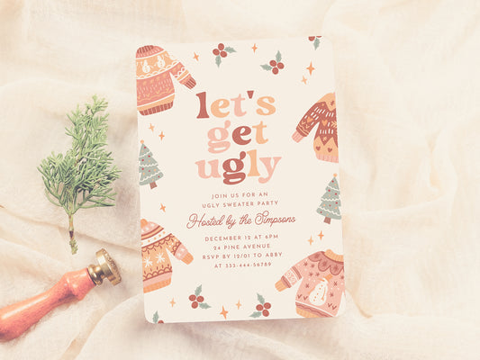 Let's Get Ugly Retro Christmas Ugly Sweater Party Invitation