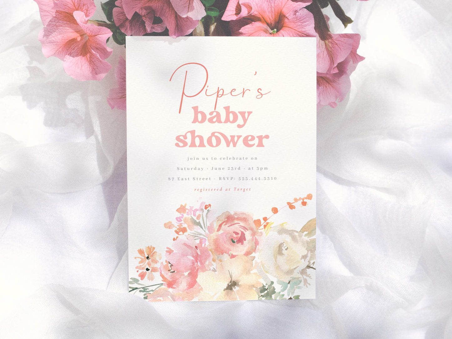 Retro Watercolor Floral Girl Baby Shower Invitation Bundle