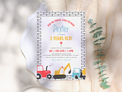Construction Vehicles Boy Birthday Party Invitation