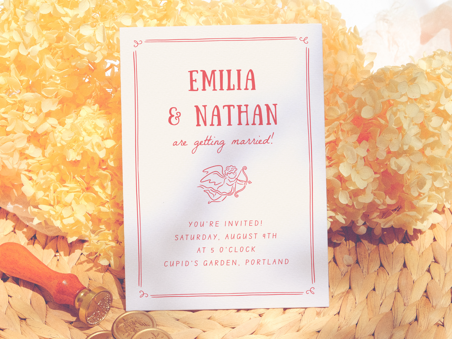Love Struck Hand Drawn Cupid Photo Retro Wedding Invitation