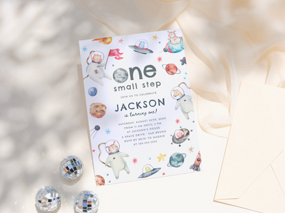 One Small Step Space Animals 1st Birthday Party Invitation