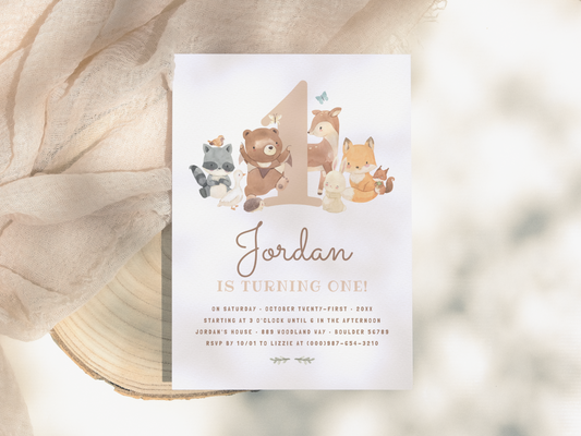 Woodland Animals First Birthday Party Invitation