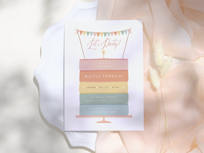Rainbow Layer Cake Girl Birthday Party Invitation Bundle
