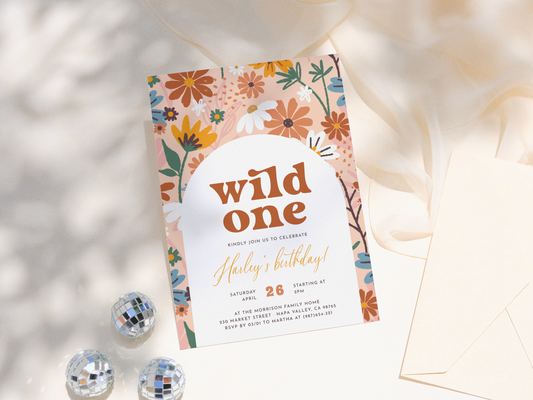 Wild One Retro Boho Wildflower 1st Birthday Party Invitation