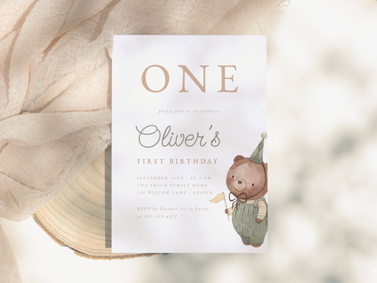 Teddy Bear 1st Birthday Party Invitation