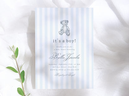 Preppy Vintage Teddy Bear Boy Baby Shower Invitation Bundle
