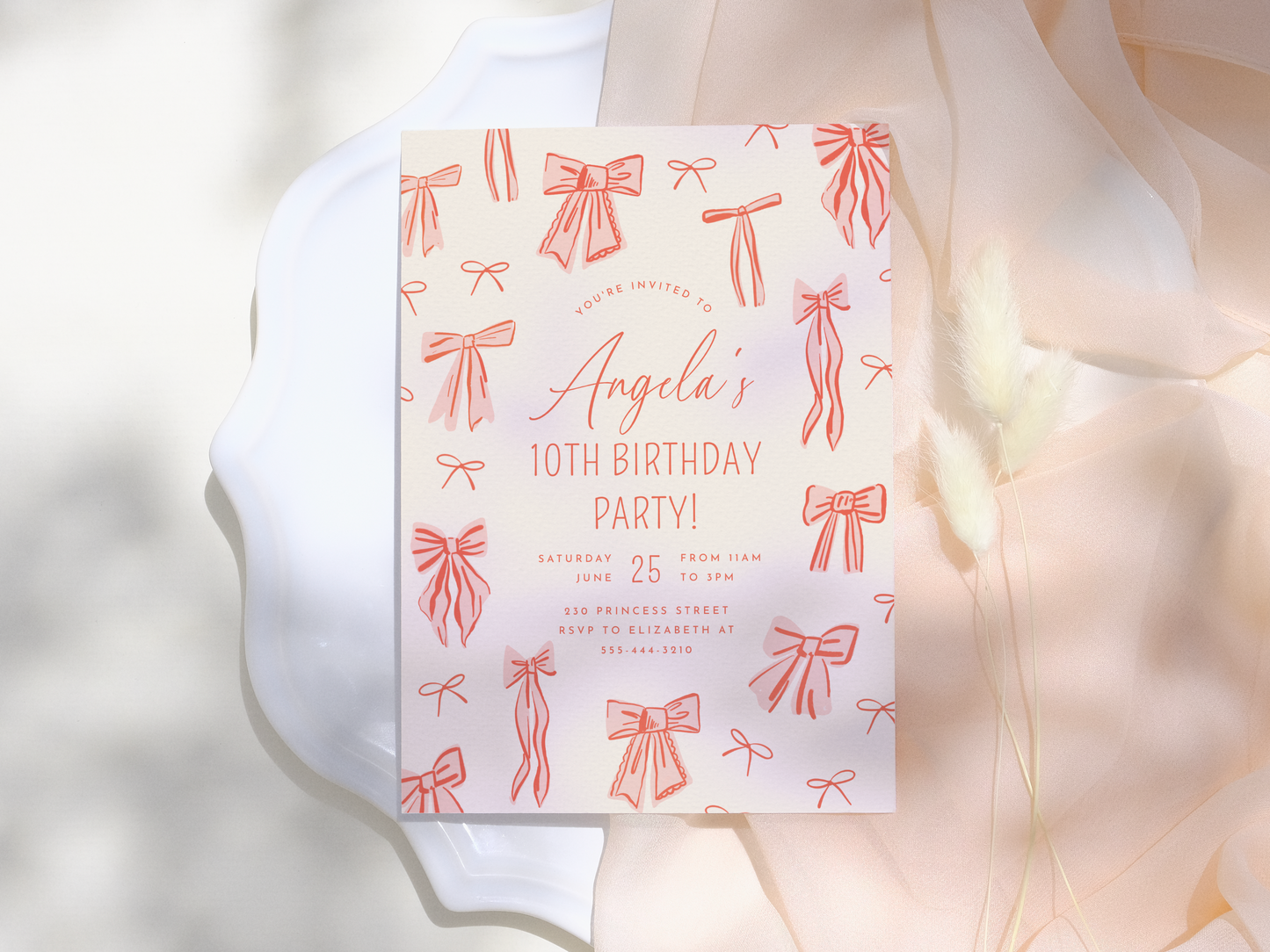 Whimsical Pink Bows Girl Birthday Party Invitation Bundle