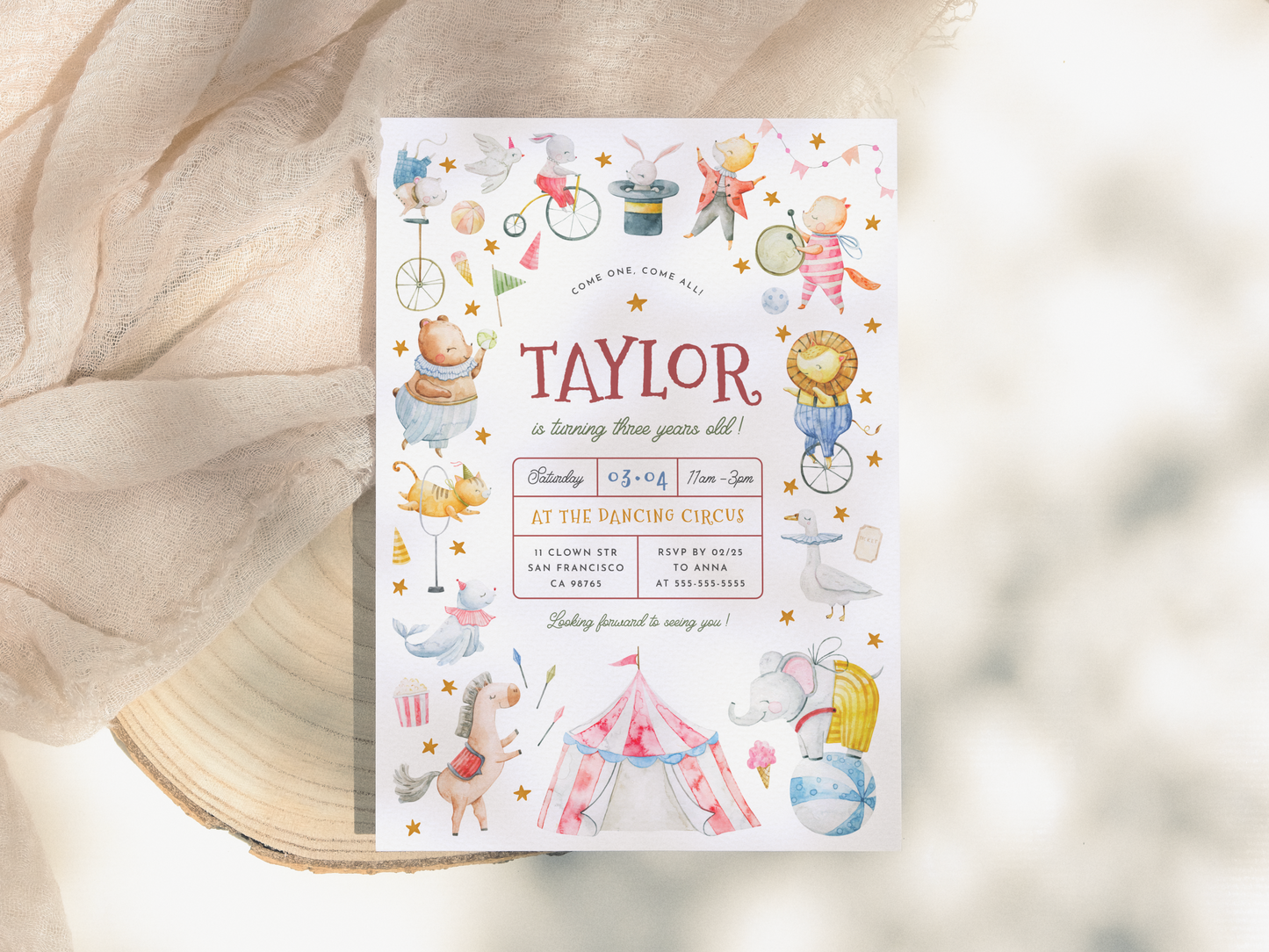 Animal Circus Watercolor Carnival Birthday Party Invitation