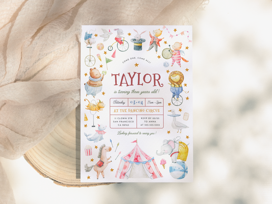 Animal Circus Watercolor Carnival Birthday Party Invitation