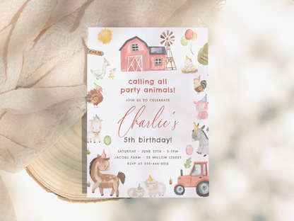 Farm Animals Barn Birthday Party Invitation