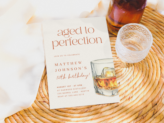Aged to Perfection Adult Whiskey Birthday Party Invitation