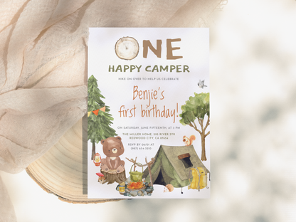 One Happy Camper First Birthday Party Invitation