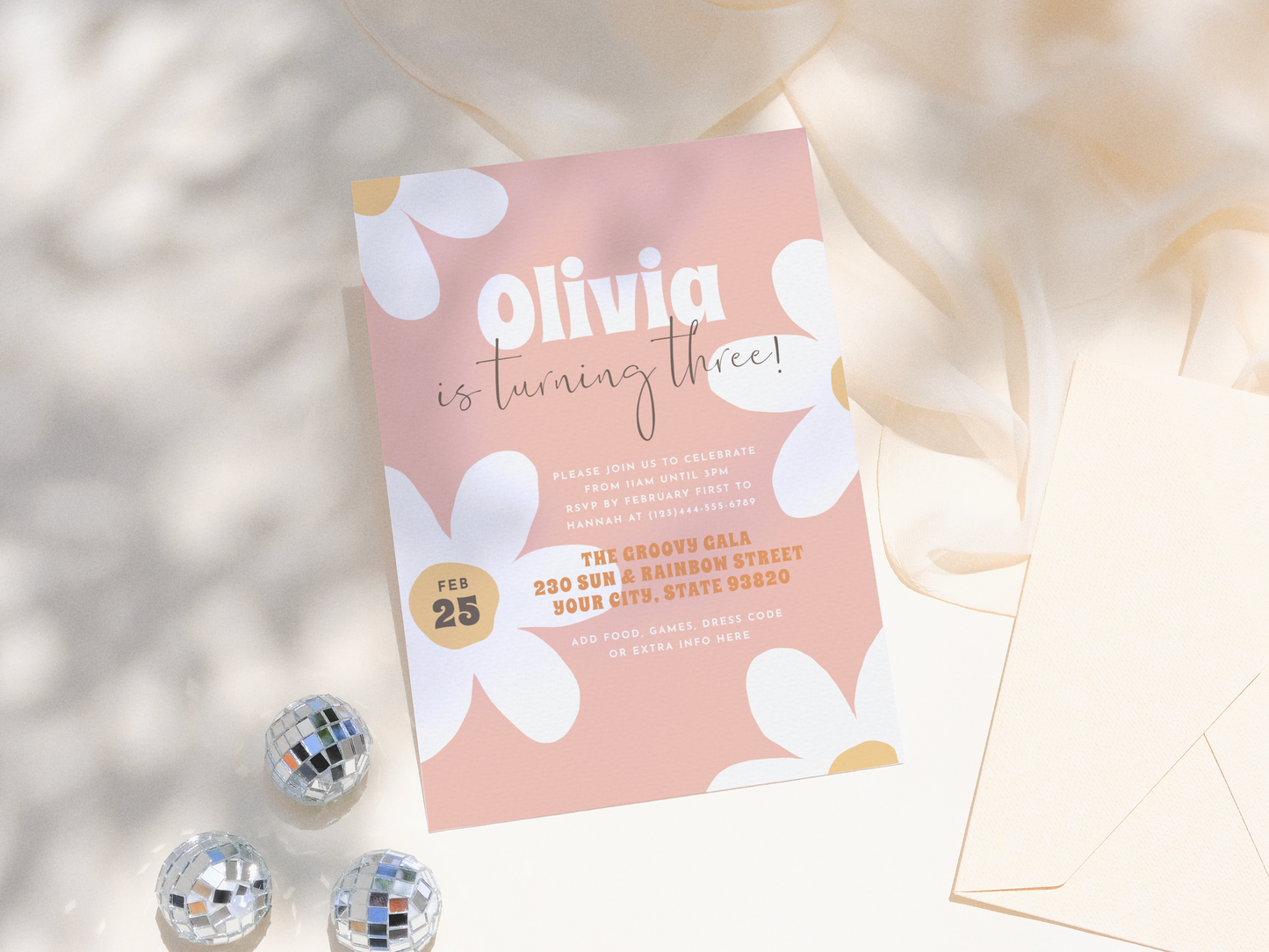 Retro Daisy Groovy Girl Birthday Party Invitation