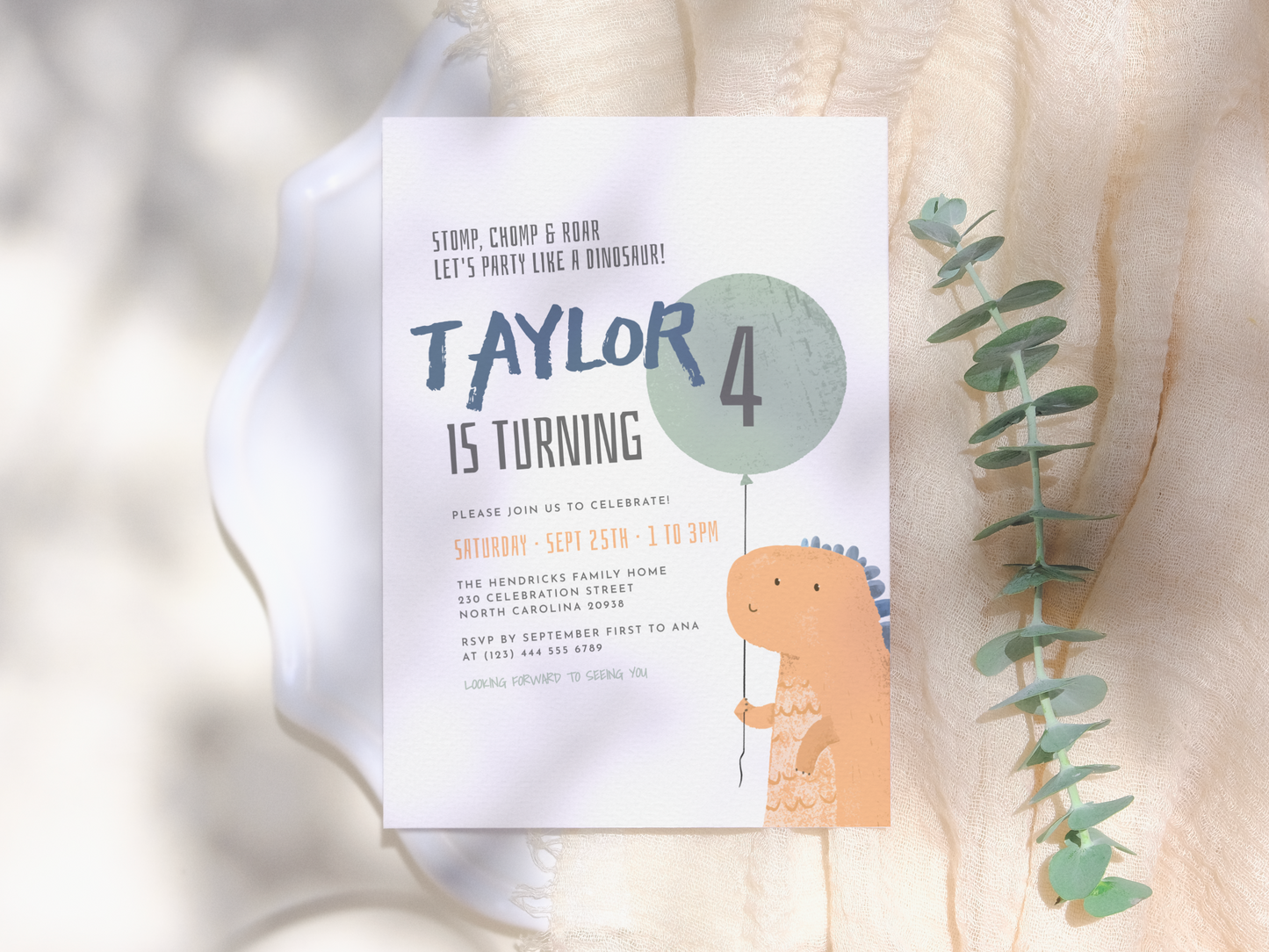 Dinosaur & Balloon Birthday Party Invitation
