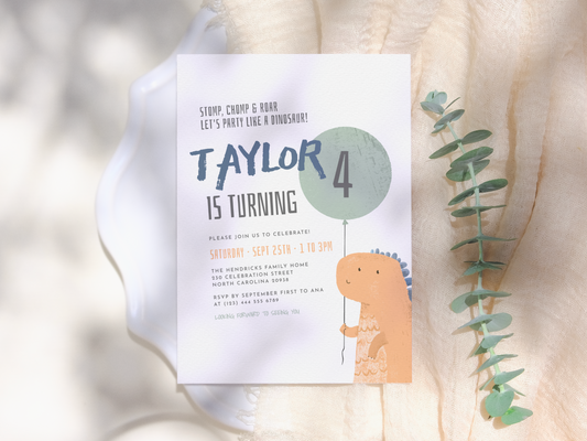 Dinosaur & Balloon Birthday Party Invitation