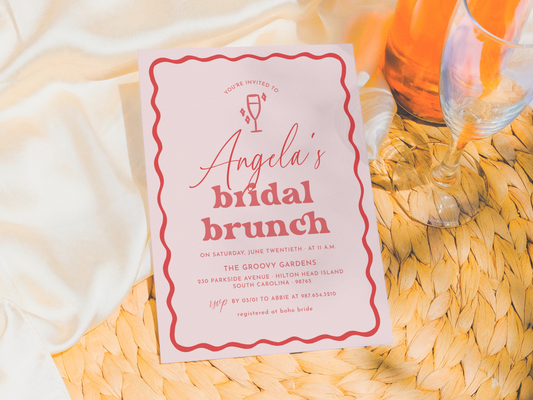 Wavy Pink Retro Bridal Brunch Invitation
