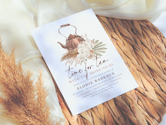 Time For Tea Boho Pampas Grass Bridal Shower Invitation