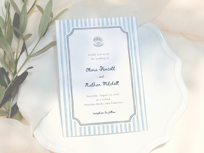 Whimsical Retro Blue Stripes Coastal Photo Wedding Invitation