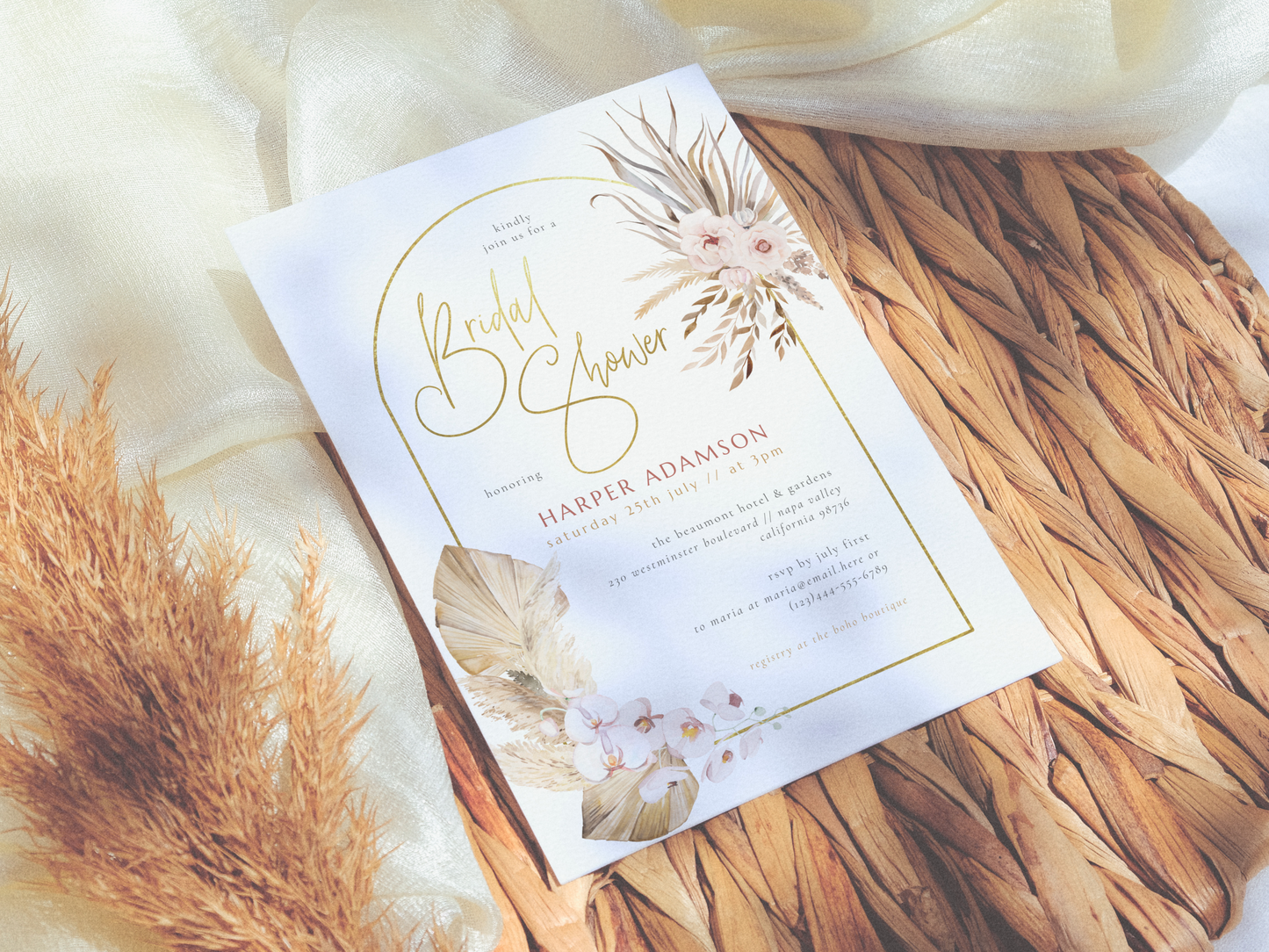 Pampas Grass & Gold Arch Boho Floral Bridal Shower