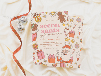 Groovy Secret Santa Exchange Retro Christmas Party Invitation
