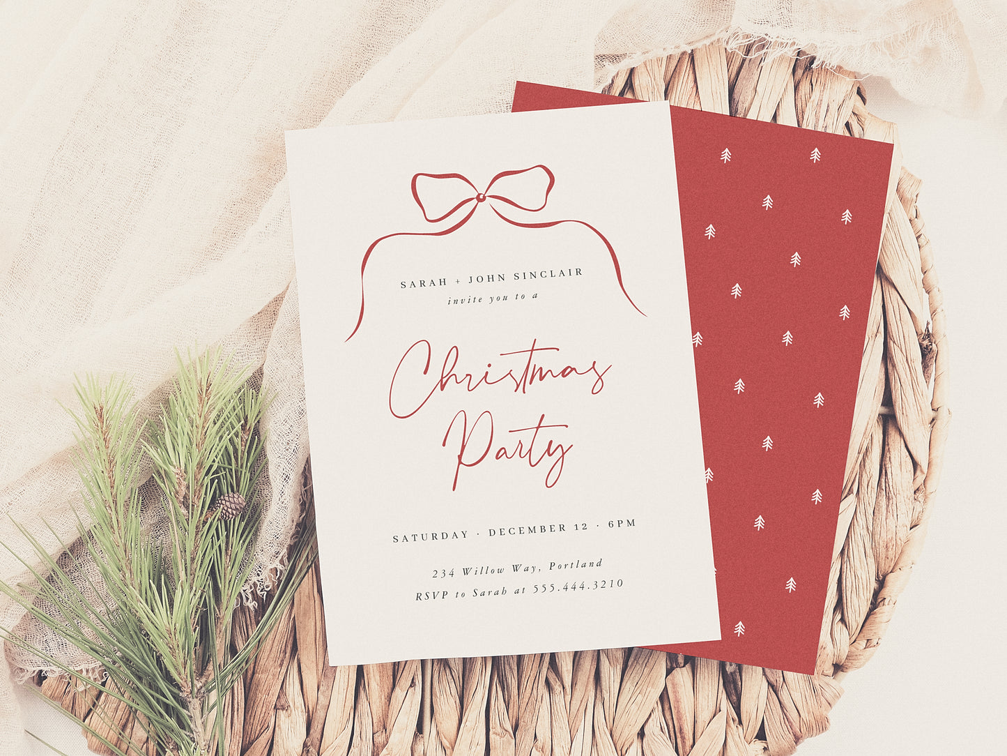 Elegant Minimalist Bow Christmas Holiday Party Invitation