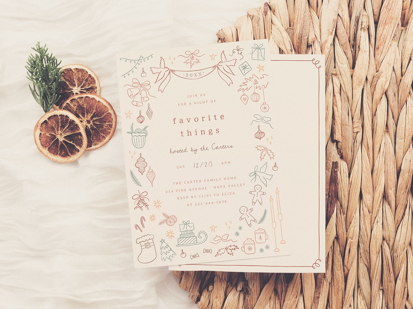 Whimsical Doodle Favorite Things Christmas Party Invitation