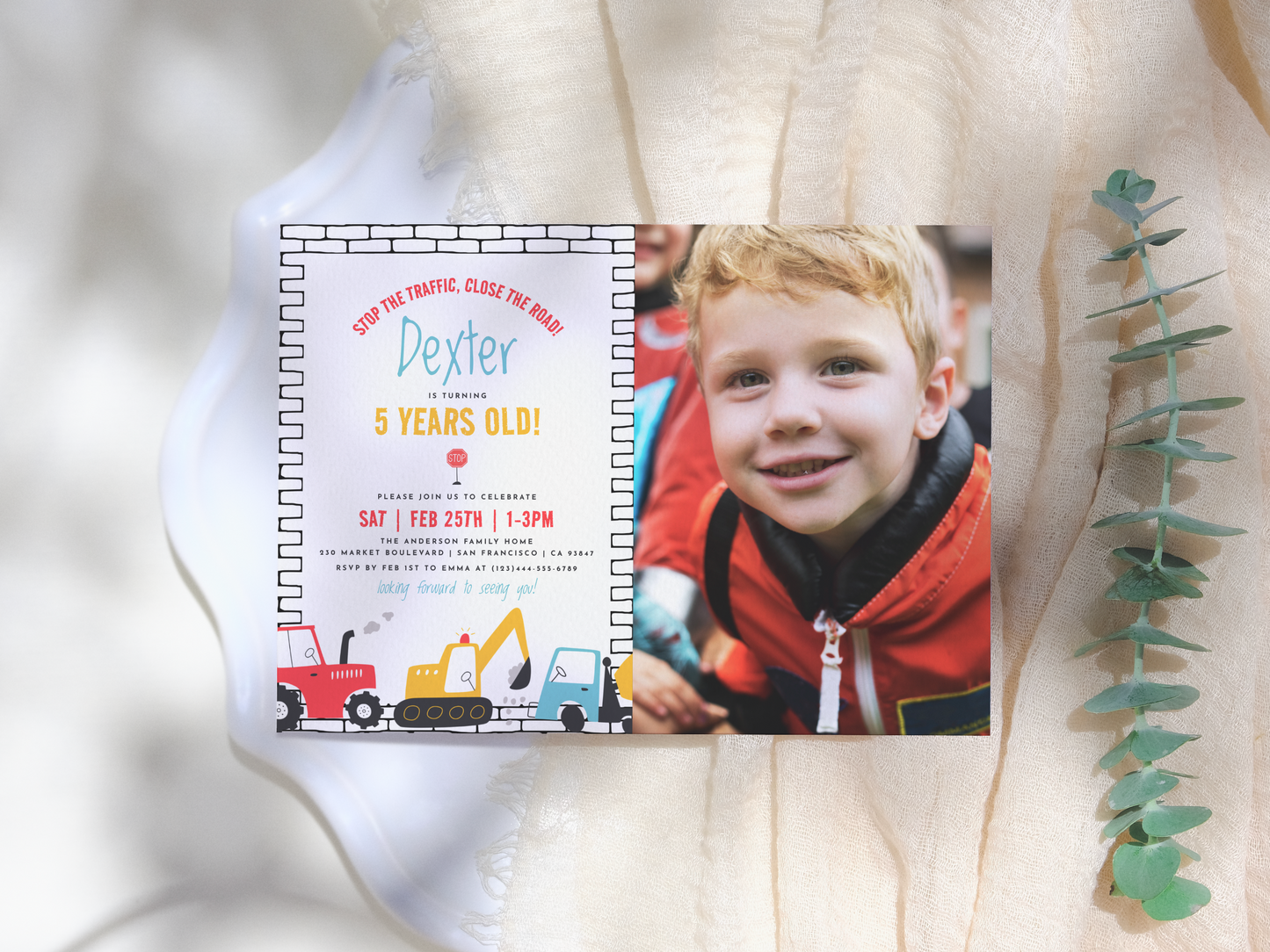 Construction Vehicles Boy Birthday Party Invitation