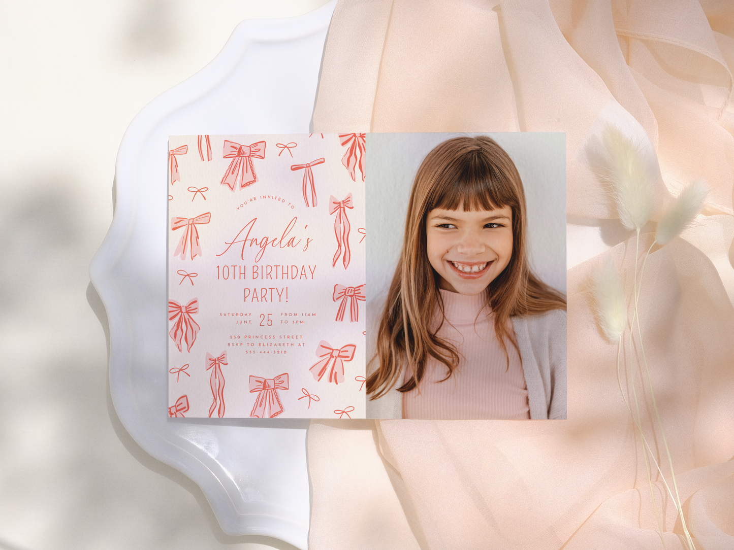 Whimsical Pink Bows Girl Birthday Party Invitation Bundle