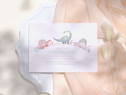 Turquoise & Gold Girl Dinosaur Birthday Party Invitation