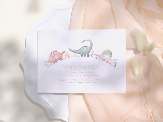 Turquoise & Gold Girl Dinosaur Birthday Party Invitation