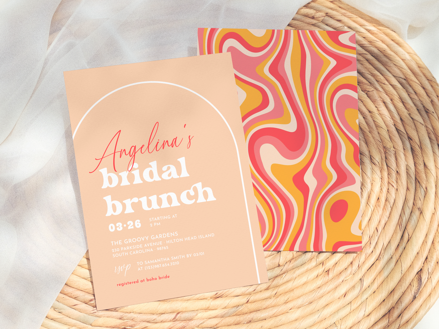Groovy Boho Arch Retro Bridal Brunch Invitation Bundle