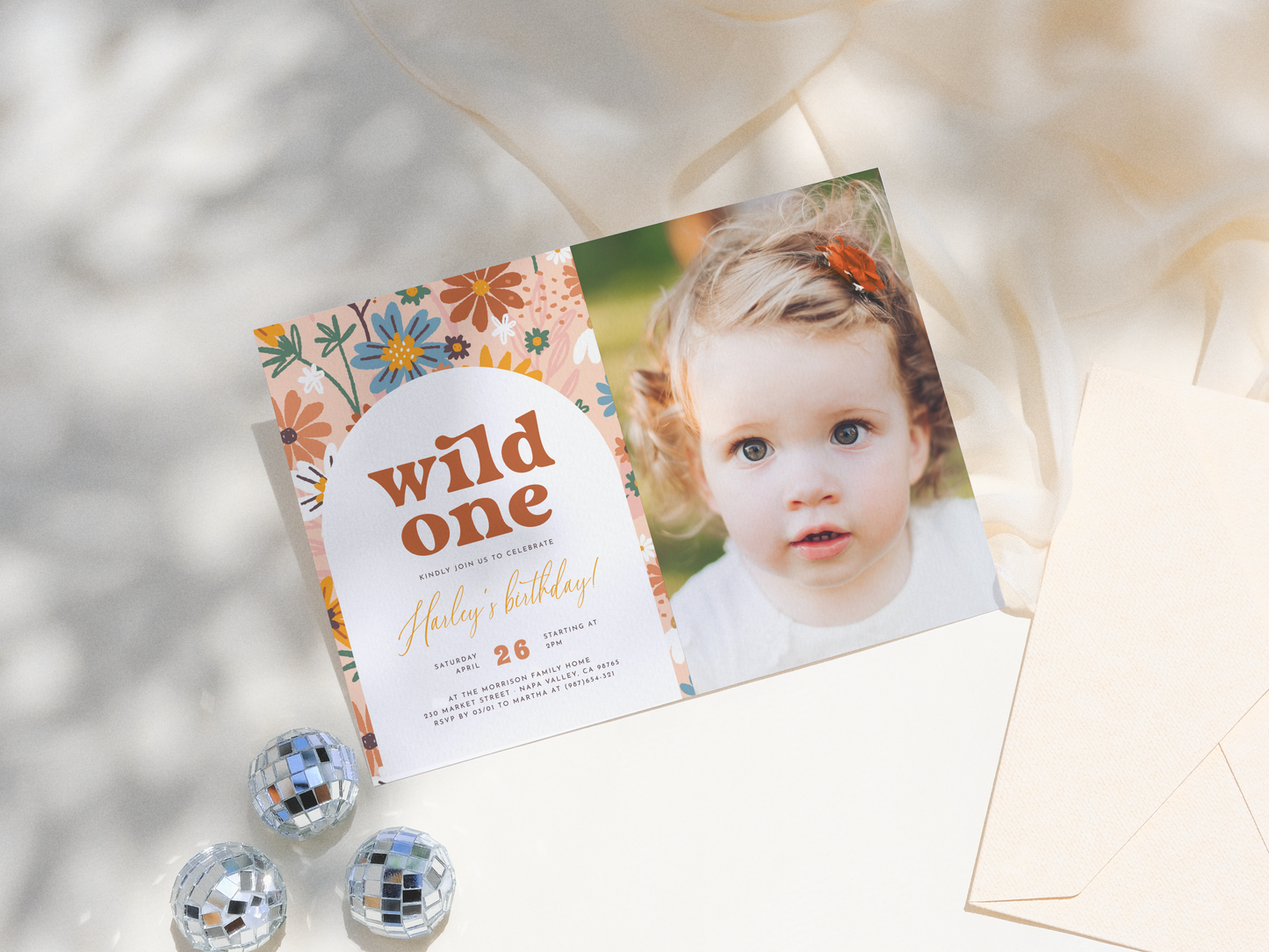 Wild One Retro Wildflower 1st Birthday Party Invitation Bundle