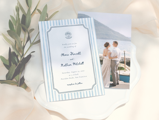 Whimsical Retro Blue Stripes Coastal Photo Wedding Invitation