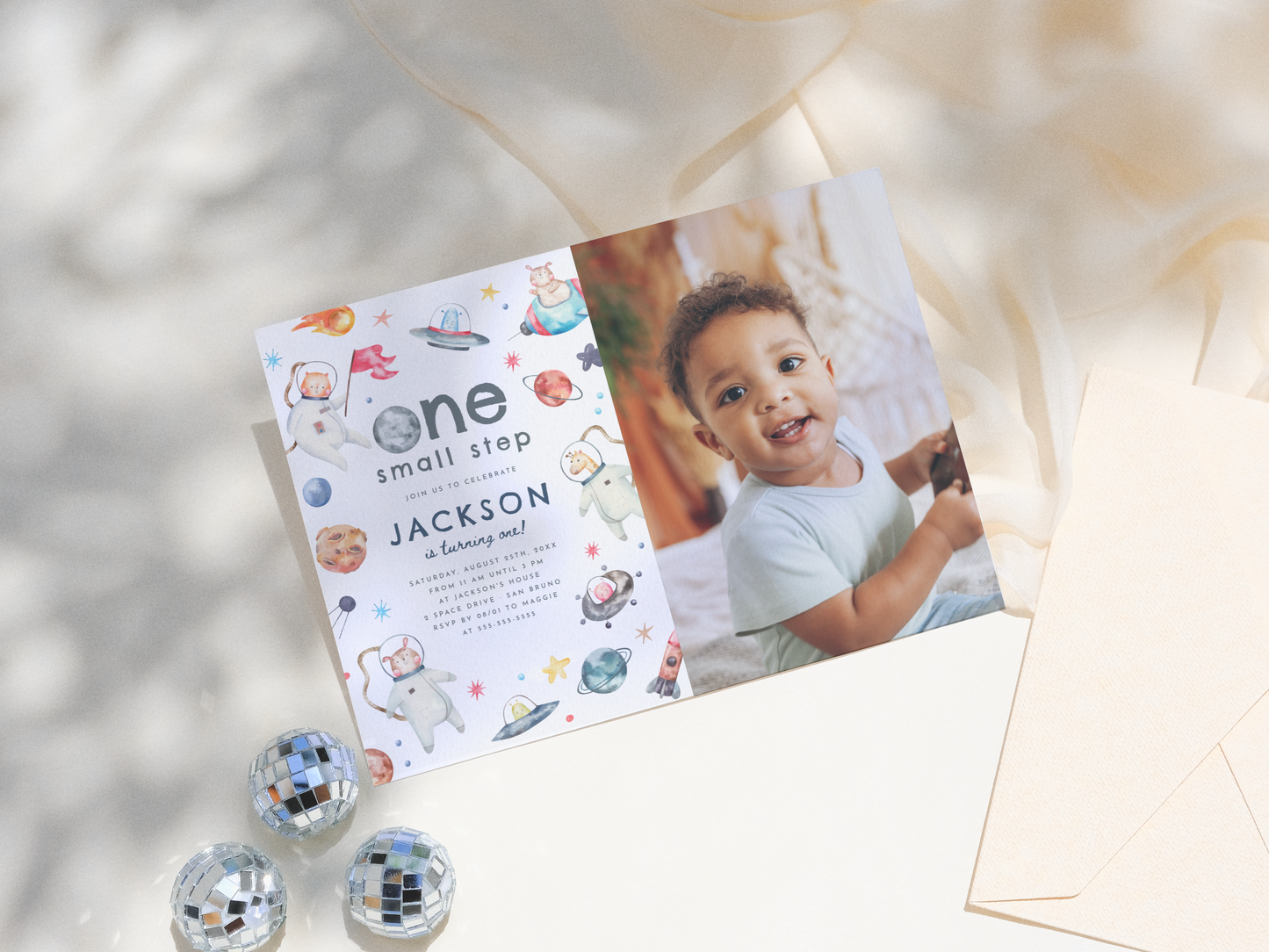 One Small Step Space Animals 1st Birthday Party Invitation