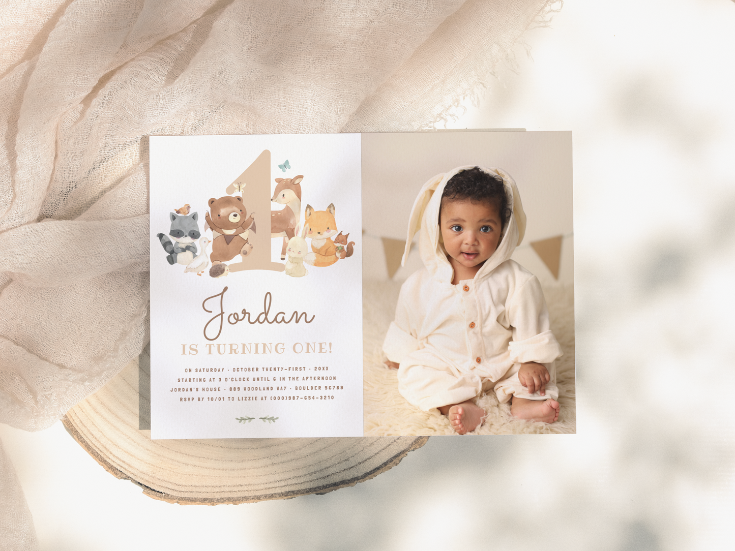 Woodland Animals First Birthday Party Invitation