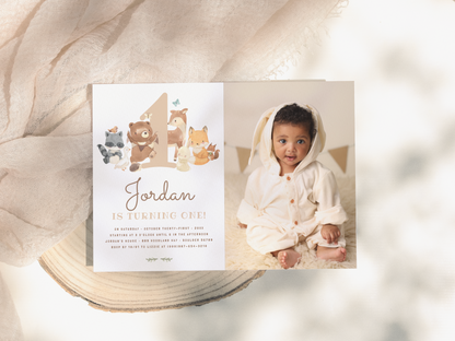 Woodland Animals First Birthday Party Invitation