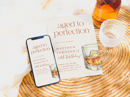 Aged to Perfection Adult Whiskey Birthday Party Invitation