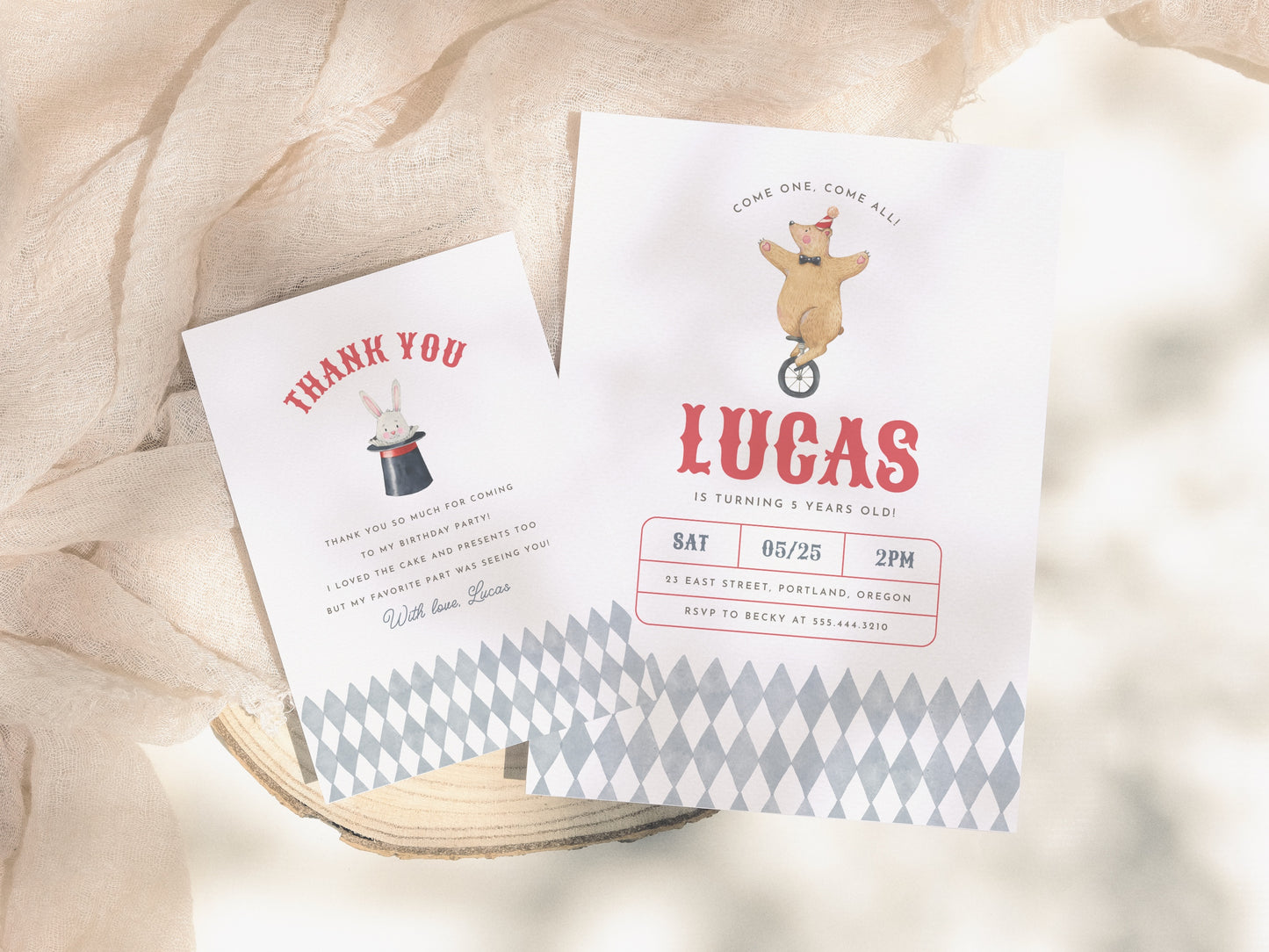 Vintage Circus Animals Boy Birthday Invitation Bundle