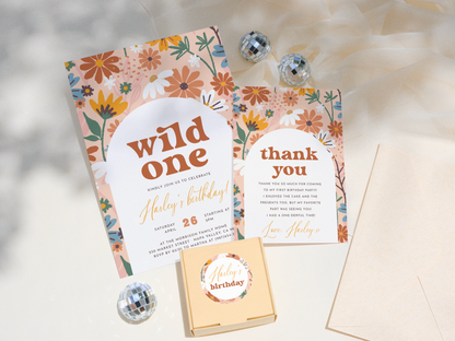 Wild One Retro Wildflower 1st Birthday Party Invitation Bundle
