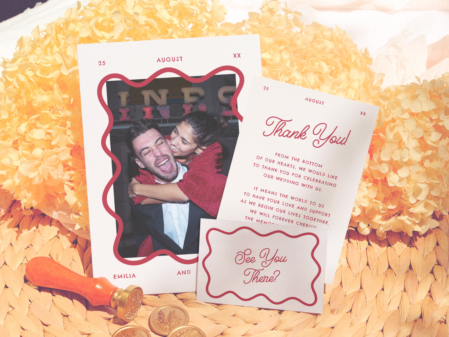 Wavy Frame Whimsical 70/80s Retro Wedding Invitation Suite